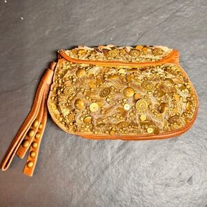 Anthropology Lucky Penny Gold Beaded Boho Wristlet Clutch‎ Bag Tan Leather